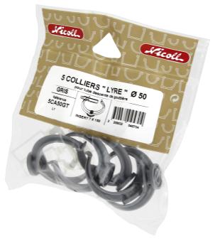 SACHET 5 COLLIERS LYRE D. 50MM PVC GRIS POUR TUBE DE DESCENTE. REF : 5CA50GT